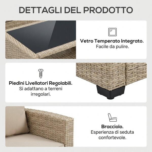 VivaGarden Salotto da Giardino con Divano 2 Posti 2 Poltrone e Tavolino con Cuscini in Rattan PE colore Beige