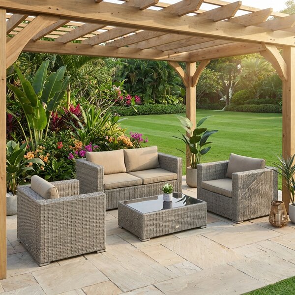 VivaGarden Salotto da Giardino con Divano 2 Posti 2 Poltrone e Tavolino con Cuscini in Rattan PE colore Beige