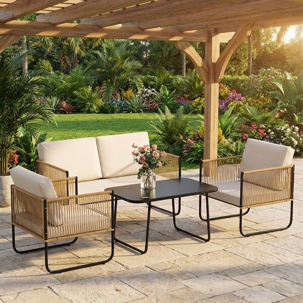 VivaGarden Salotto da Giardino con Divano 2 Posti 2 Poltrone e Tavolino con Cuscini in Rattan PE colore Beige
