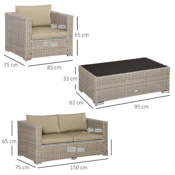 VivaGarden Salotto da Giardino con Divano 2 Posti 2 Poltrone e Tavolino con Cuscini in Rattan PE colore Beige