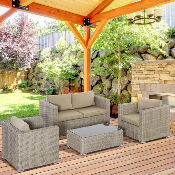 VivaGarden Salotto da Giardino con Divano 2 Posti 2 Poltrone e Tavolino con Cuscini in Rattan PE colore Beige