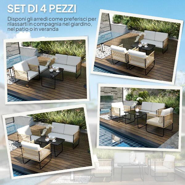 VivaGarden Salotto da Giardino con Divano 2 Posti 2 Poltrone e Tavolino con Cuscini in Rattan PE colore Beige