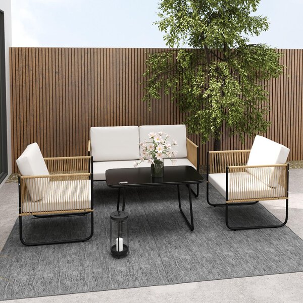 VivaGarden Salotto da Giardino con Divano 2 Posti 2 Poltrone e Tavolino con Cuscini in Rattan PE colore Beige