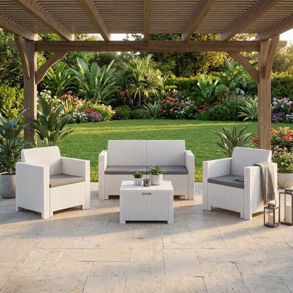 BICA Salotto da Giardino con Divano 2 Posti 2 Poltrone e Tavolino con Cuscini in Rattan PE colore Bianco