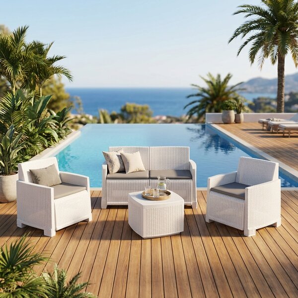 TOOMAX Salotto da Giardino con Divano 2 Posti 2 Poltrone e Tavolino con Cuscini in Rattan PE colore Bianco - Como