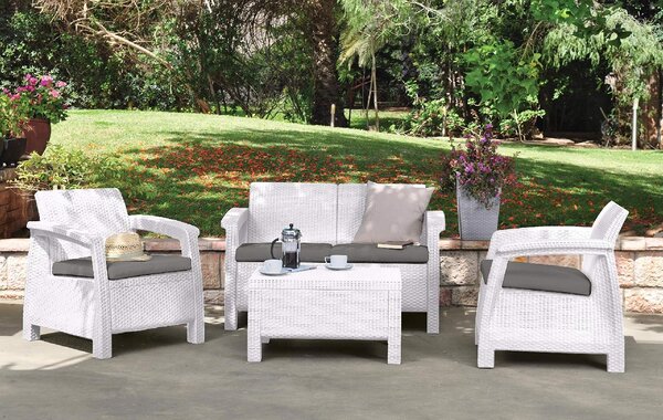 KETER Salotto da Giardino con Divano 2 Posti 2 Poltrone e Tavolino con Cuscini in Rattan PE colore Bianco - Corfu Lounge