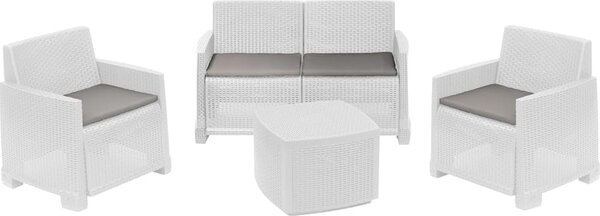 TOOMAX Salotto da Giardino con Divano 2 Posti 2 Poltrone e Tavolino con Cuscini in Rattan PE colore Bianco - Como