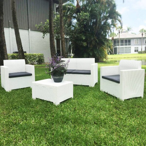 VivaGarden Salotto da Giardino con Divano 2 Posti 2 Poltrone e Tavolino con Cuscini in Rattan PE colore Bianco