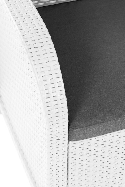 KETER Salotto da Giardino con Divano 2 Posti 2 Poltrone e Tavolino con Cuscini in Rattan PE colore Bianco - Emma Lounge