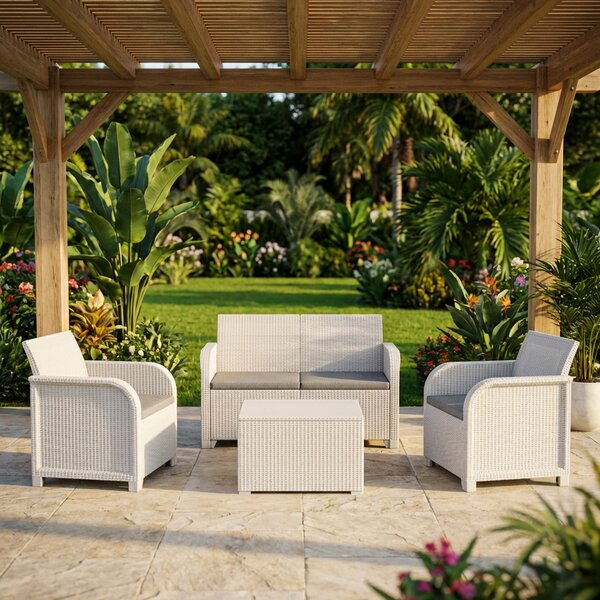 KETER Salotto da Giardino con Divano 2 Posti 2 Poltrone e Tavolino con Cuscini in Rattan PE colore Bianco - Emma Lounge
