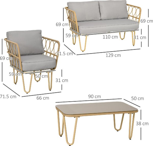 VivaGarden Salotto da Giardino con Divano 2 Posti 2 Poltrone e Tavolino con Cuscini in Rattan PE colore Giallo