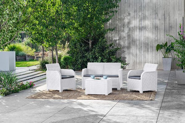 KETER Salotto da Giardino con Divano 2 Posti 2 Poltrone e Tavolino con Cuscini in Rattan PE colore Bianco - Emma Lounge