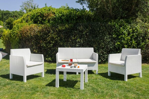 TOOMAX Salotto da Giardino con Divano 2 Posti 2 Poltrone e Tavolino con Cuscini in Rattan PE colore Bianco - Matilde