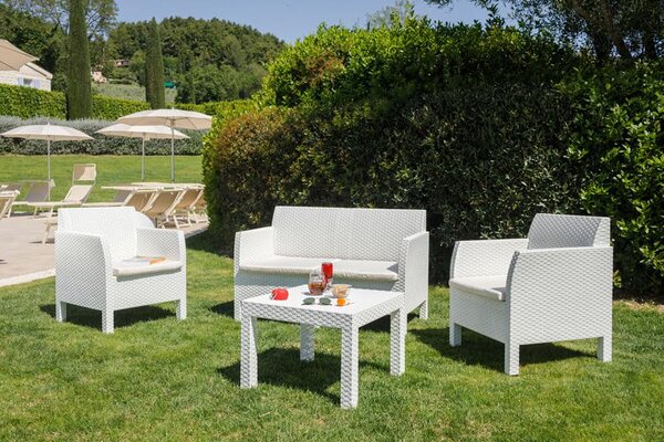 TOOMAX Salotto da Giardino con Divano 2 Posti 2 Poltrone e Tavolino con Cuscini in Rattan PE colore Bianco - Matilde