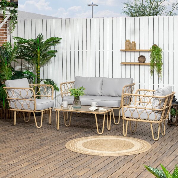 VivaGarden Salotto da Giardino con Divano 2 Posti 2 Poltrone e Tavolino con Cuscini in Rattan PE colore Giallo