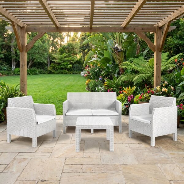 TOOMAX Salotto da Giardino con Divano 2 Posti 2 Poltrone e Tavolino con Cuscini in Rattan PE colore Bianco - Matilde