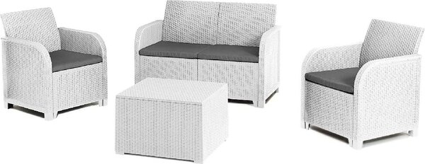 KETER Salotto da Giardino con Divano 2 Posti 2 Poltrone e Tavolino con Cuscini in Rattan PE colore Bianco - Emma Lounge