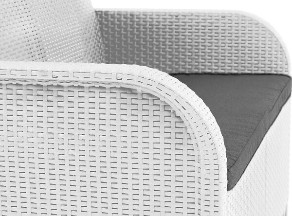 KETER Salotto da Giardino con Divano 2 Posti 2 Poltrone e Tavolino con Cuscini in Rattan PE colore Bianco - Emma Lounge
