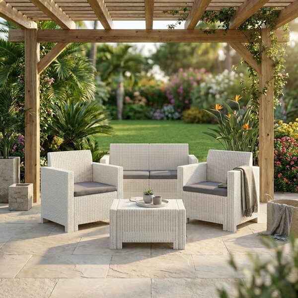 BICA Salotto da Giardino con Divano 2 Posti 2 Poltrone e Tavolino con Cuscini in Rattan PE colore Bianco - Nebraska 2