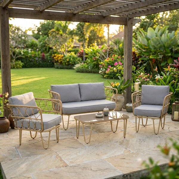 VivaGarden Salotto da Giardino con Divano 2 Posti 2 Poltrone e Tavolino con Cuscini in Rattan PE colore Giallo