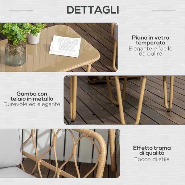 VivaGarden Salotto da Giardino con Divano 2 Posti 2 Poltrone e Tavolino con Cuscini in Rattan PE colore Giallo