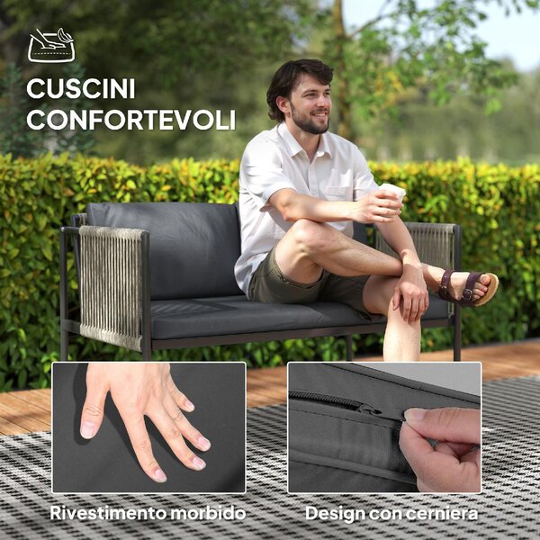 VivaGarden Salotto da Giardino con Divano 2 Posti 2 Poltrone e Tavolino con Cuscini in Rattan PE colore Grigio