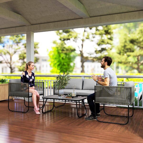 VivaGarden Salotto da Giardino con Divano 2 Posti 2 Poltrone e Tavolino con Cuscini in Rattan PE colore Grigio