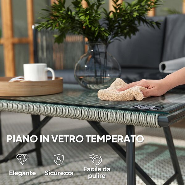 VivaGarden Salotto da Giardino con Divano 2 Posti 2 Poltrone e Tavolino con Cuscini in Rattan PE colore Grigio