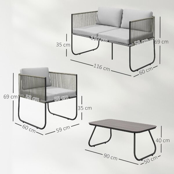 VivaGarden Salotto da Giardino con Divano 2 Posti 2 Poltrone e Tavolino con Cuscini in Rattan PE colore Grigio
