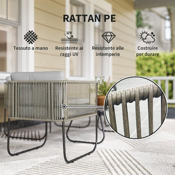 VivaGarden Salotto da Giardino con Divano 2 Posti 2 Poltrone e Tavolino con Cuscini in Rattan PE colore Grigio