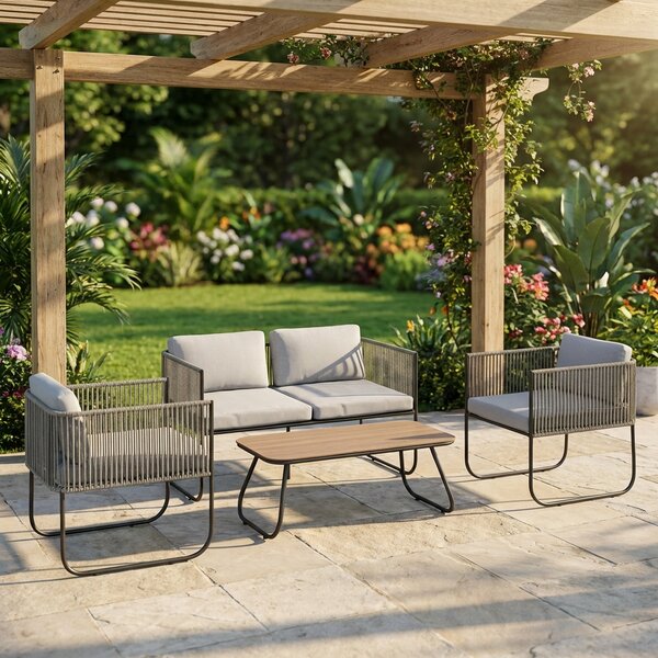 VivaGarden Salotto da Giardino con Divano 2 Posti 2 Poltrone e Tavolino con Cuscini in Rattan PE colore Grigio