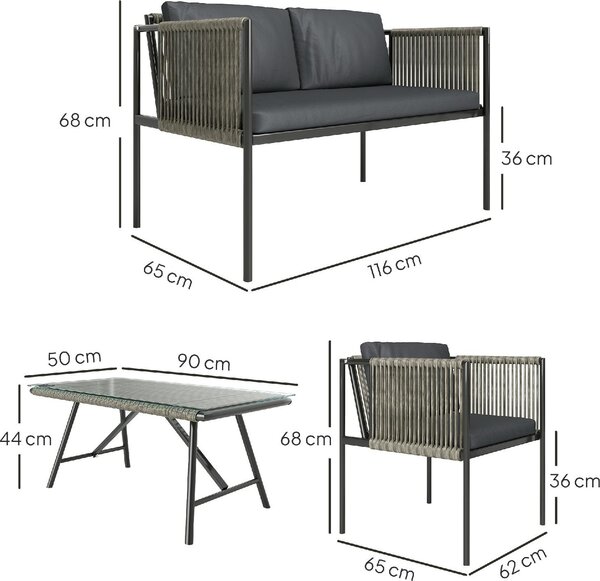 VivaGarden Salotto da Giardino con Divano 2 Posti 2 Poltrone e Tavolino con Cuscini in Rattan PE colore Grigio