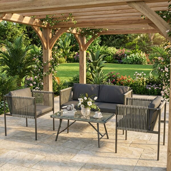 VivaGarden Salotto da Giardino con Divano 2 Posti 2 Poltrone e Tavolino con Cuscini in Rattan PE colore Grigio