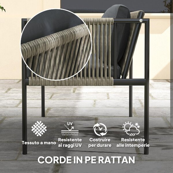 VivaGarden Salotto da Giardino con Divano 2 Posti 2 Poltrone e Tavolino con Cuscini in Rattan PE colore Grigio