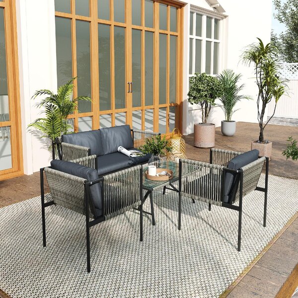 VivaGarden Salotto da Giardino con Divano 2 Posti 2 Poltrone e Tavolino con Cuscini in Rattan PE colore Grigio