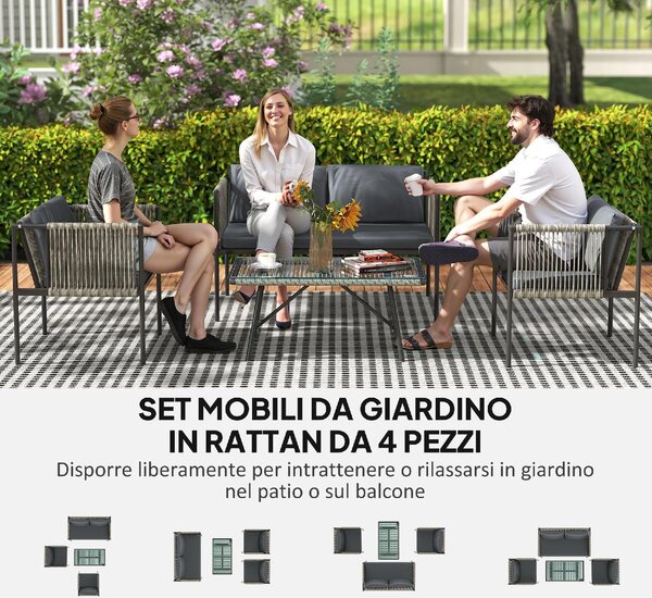 VivaGarden Salotto da Giardino con Divano 2 Posti 2 Poltrone e Tavolino con Cuscini in Rattan PE colore Grigio