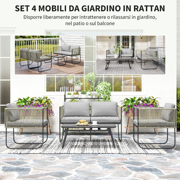 VivaGarden Salotto da Giardino con Divano 2 Posti 2 Poltrone e Tavolino con Cuscini in Rattan PE colore Grigio