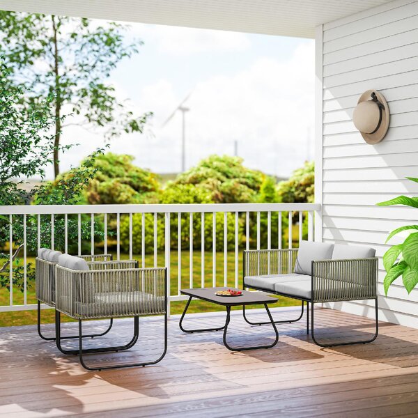 VivaGarden Salotto da Giardino con Divano 2 Posti 2 Poltrone e Tavolino con Cuscini in Rattan PE colore Grigio