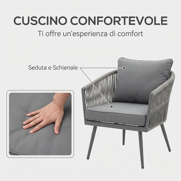 VivaGarden Salotto da Giardino con Divano 2 Posti 2 Poltrone e Tavolino con Cuscini in Rattan PE colore Grigio/Marrone