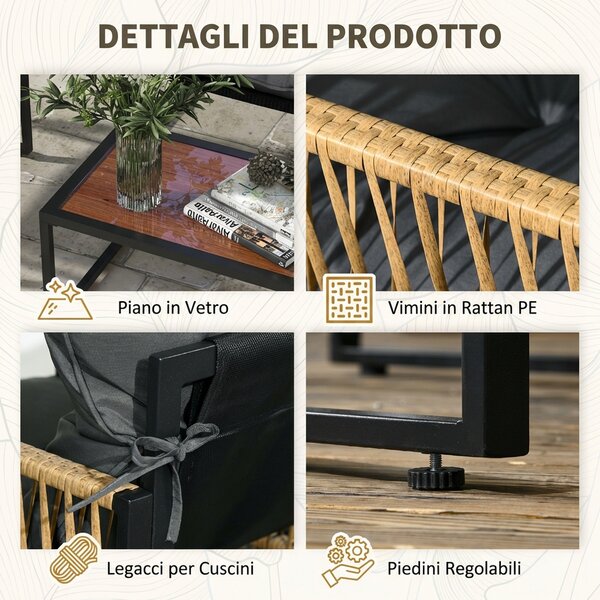 VivaGarden Salotto da Giardino con Divano 2 Posti 2 Poltrone e Tavolino con Cuscini in Rattan PE colore Grigio/Marrone