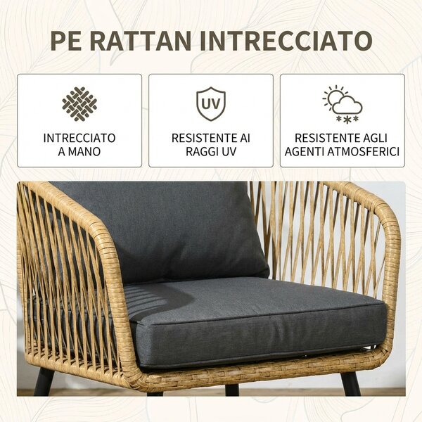 VivaGarden Salotto da Giardino con Divano 2 Posti 2 Poltrone e Tavolino con Cuscini in Rattan PE colore Grigio/Marrone