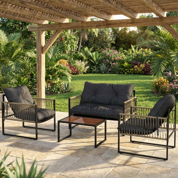 VivaGarden Salotto da Giardino con Divano 2 Posti 2 Poltrone e Tavolino con Cuscini in Rattan PE colore Grigio/Marrone