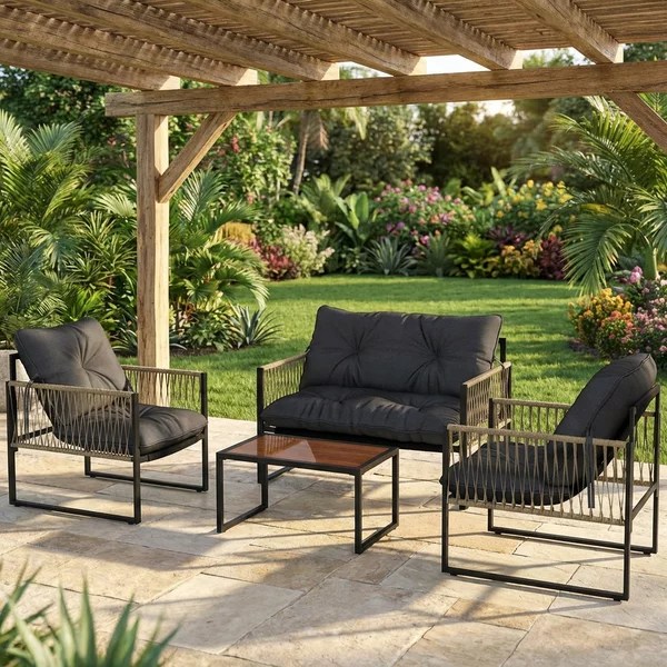 VivaGarden Salotto da Giardino con Divano 2 Posti 2 Poltrone e Tavolino con Cuscini in Rattan PE colore Grigio/Marrone
