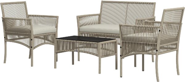 VivaGarden Salotto da Giardino con Divano 2 Posti 2 Poltrone e Tavolino con Cuscini in Rattan PE colore Kaki/Nero