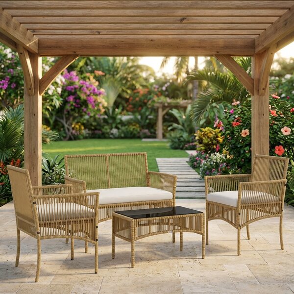 VivaGarden Salotto da Giardino con Divano 2 Posti 2 Poltrone e Tavolino con Cuscini in Rattan PE colore Legno Naturale