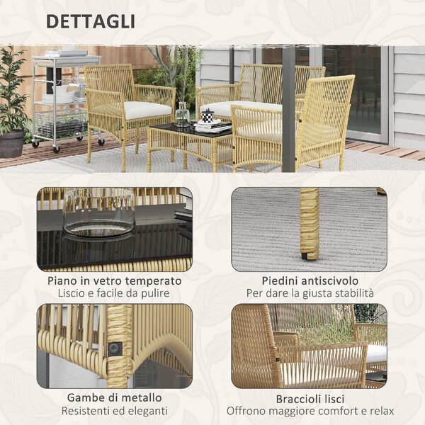 VivaGarden Salotto da Giardino con Divano 2 Posti 2 Poltrone e Tavolino con Cuscini in Rattan PE colore Legno Naturale
