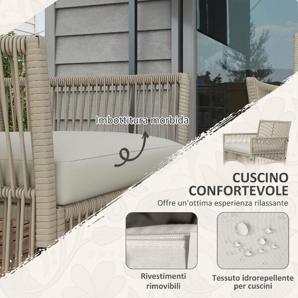 VivaGarden Salotto da Giardino con Divano 2 Posti 2 Poltrone e Tavolino con Cuscini in Rattan PE colore Kaki/Nero