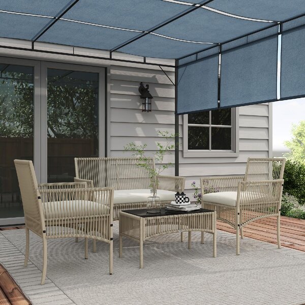 VivaGarden Salotto da Giardino con Divano 2 Posti 2 Poltrone e Tavolino con Cuscini in Rattan PE colore Kaki/Nero