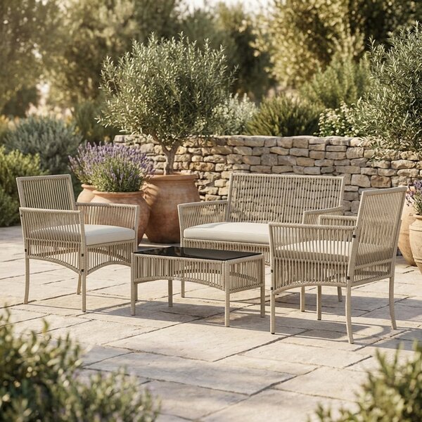 VivaGarden Salotto da Giardino con Divano 2 Posti 2 Poltrone e Tavolino con Cuscini in Rattan PE colore Kaki/Nero