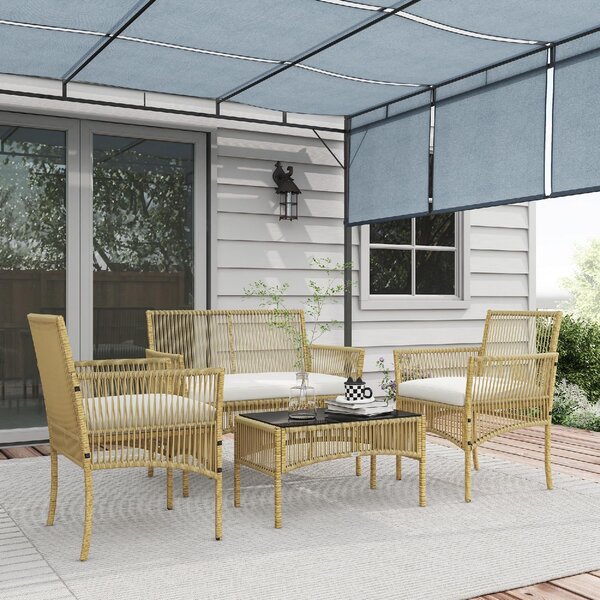 VivaGarden Salotto da Giardino con Divano 2 Posti 2 Poltrone e Tavolino con Cuscini in Rattan PE colore Legno Naturale